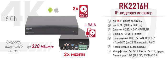 Новинка! 4К 16-канальный IP-видеорегистратор BEWARD RK2216H