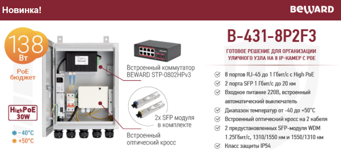 Новинка! B-431-8P2F3: Решение BEWARD для организации уличного узла видеонаблюдения